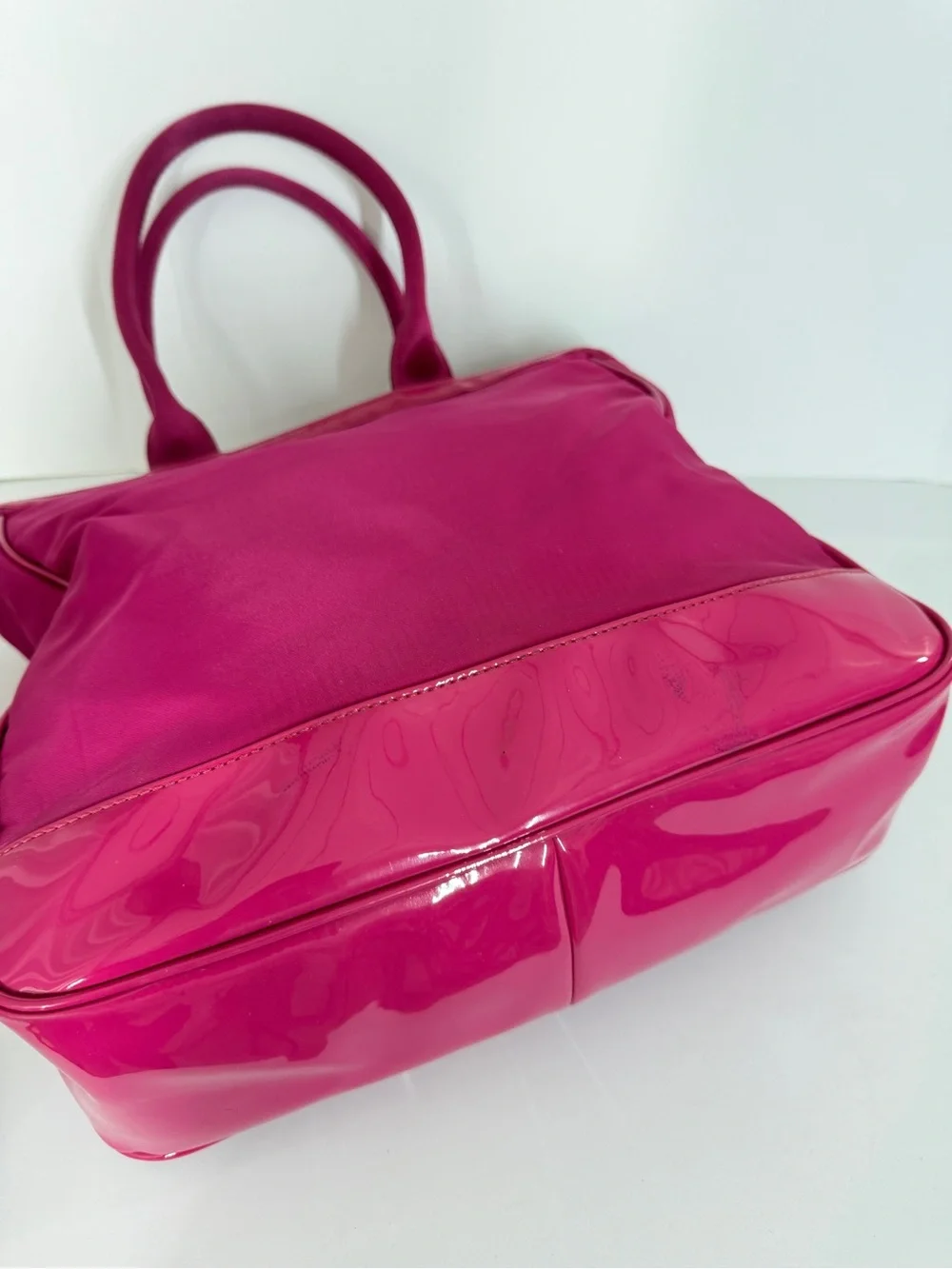 Tory Burch Womens Nylon Tote Bag Hot Pink Patent Trim Handbag Travel Work Casual